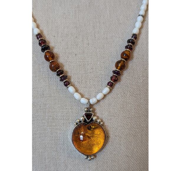 DEL Sterling Amber Heart Amber Garnet Freshwater Pearl Pendant Necklace - Picture 1 of 12